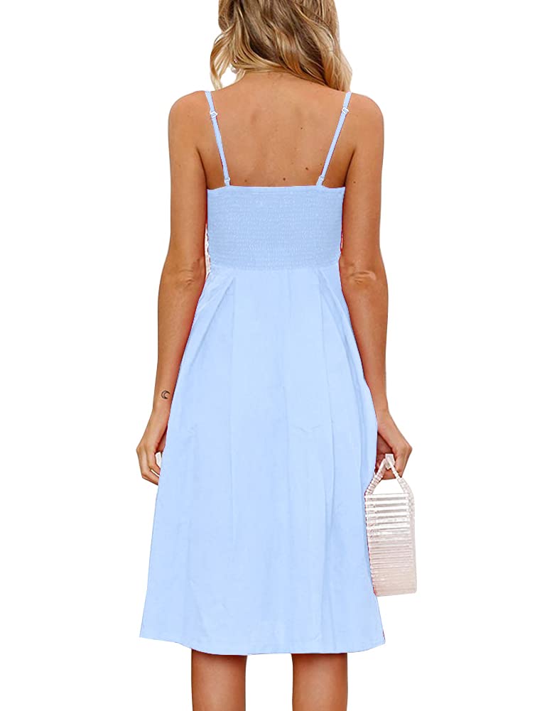 FANCYINN Women's Tie Front Dress Button Down Spaghetti Strap Cute Midi Dress A Line Swing Dress for Women Light Blue XS - Image 2